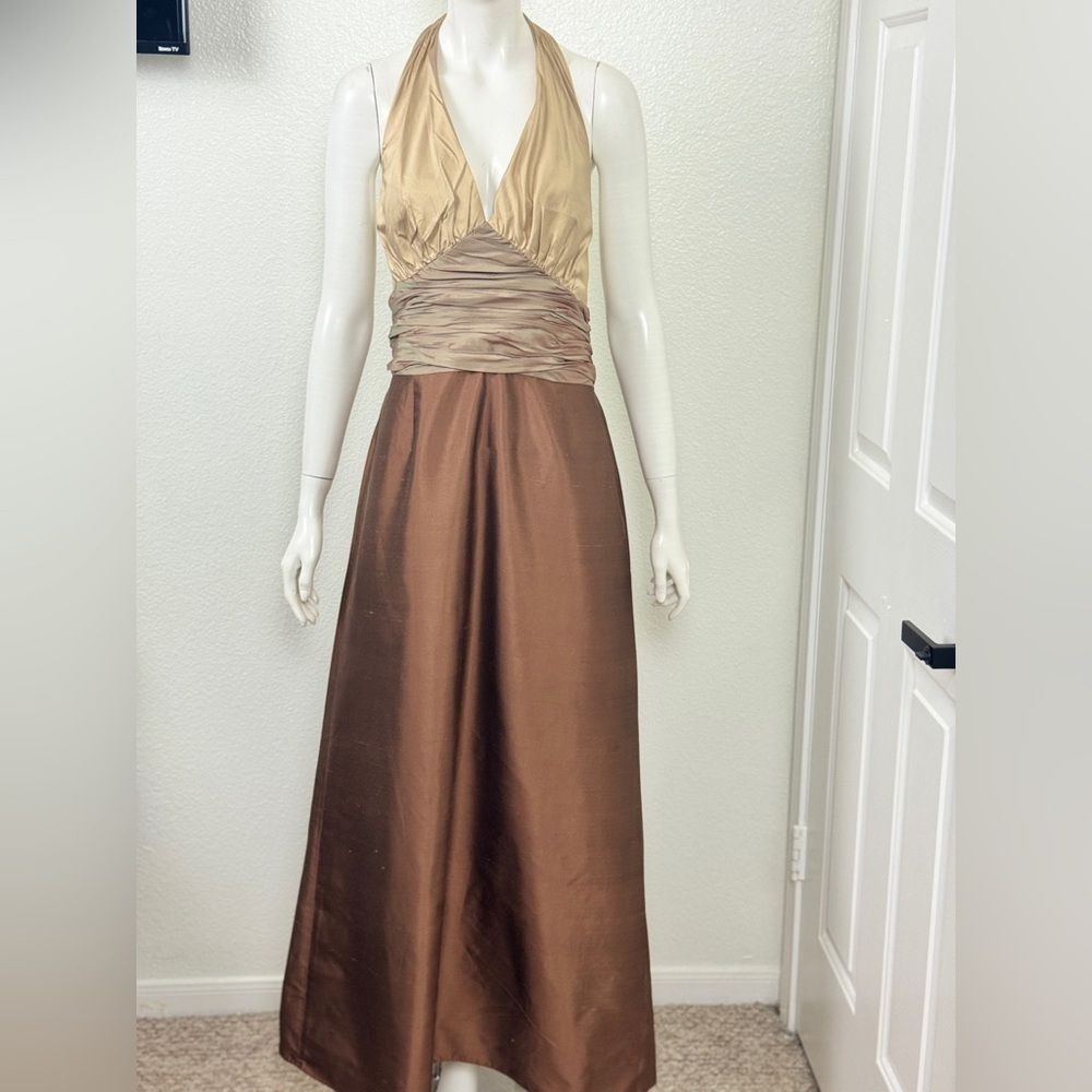 Talbots Gold and Brown Halter Dress Silk Dress Size 16. F40